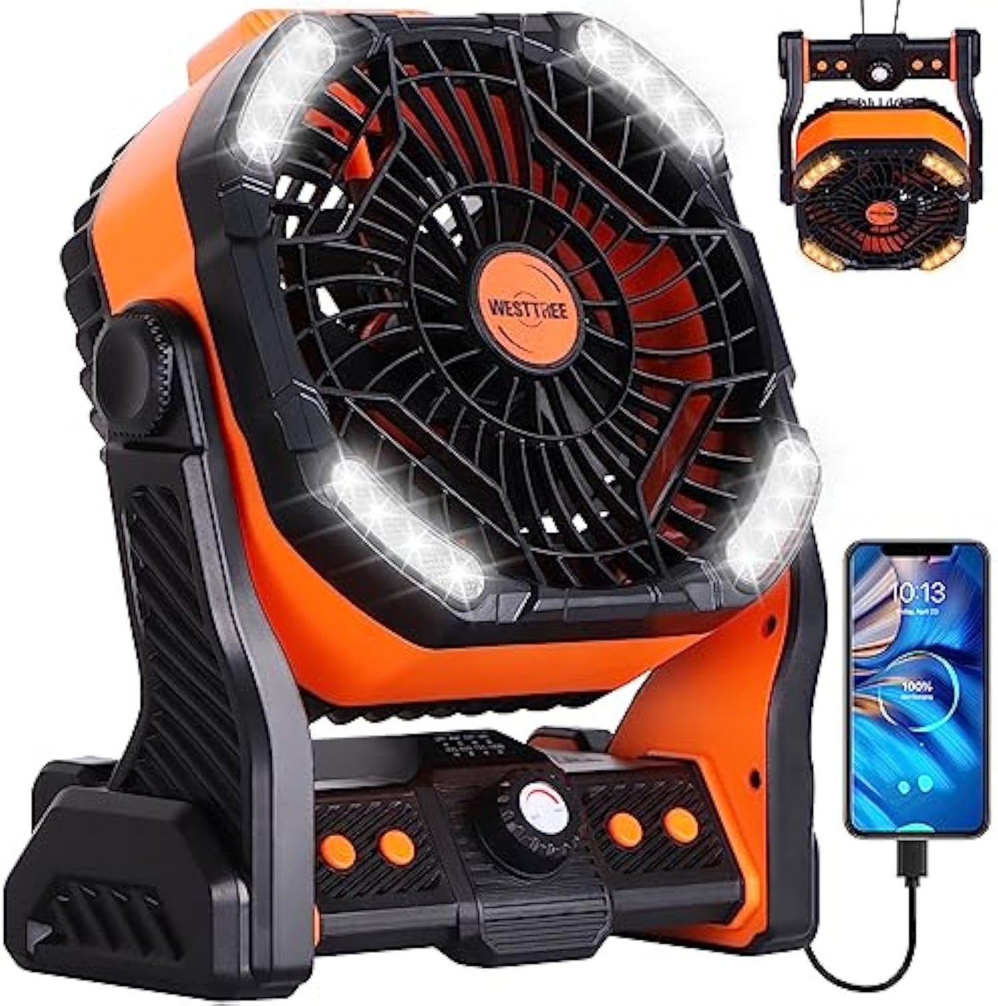 20000mAh Battery powered fan Camping Fan essentials Portable fan Battery OperatedRechargeable Outdoor Tent with Light & Hook Personal USB Desk for Camping,Orange