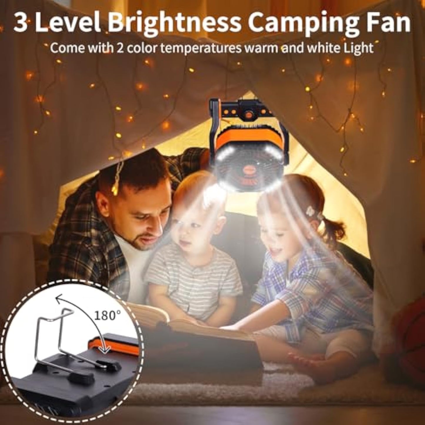 20000mAh Battery powered fan Camping Fan essentials Portable fan Battery OperatedRechargeable Outdoor Tent with Light & Hook Personal USB Desk for Camping,Orange
